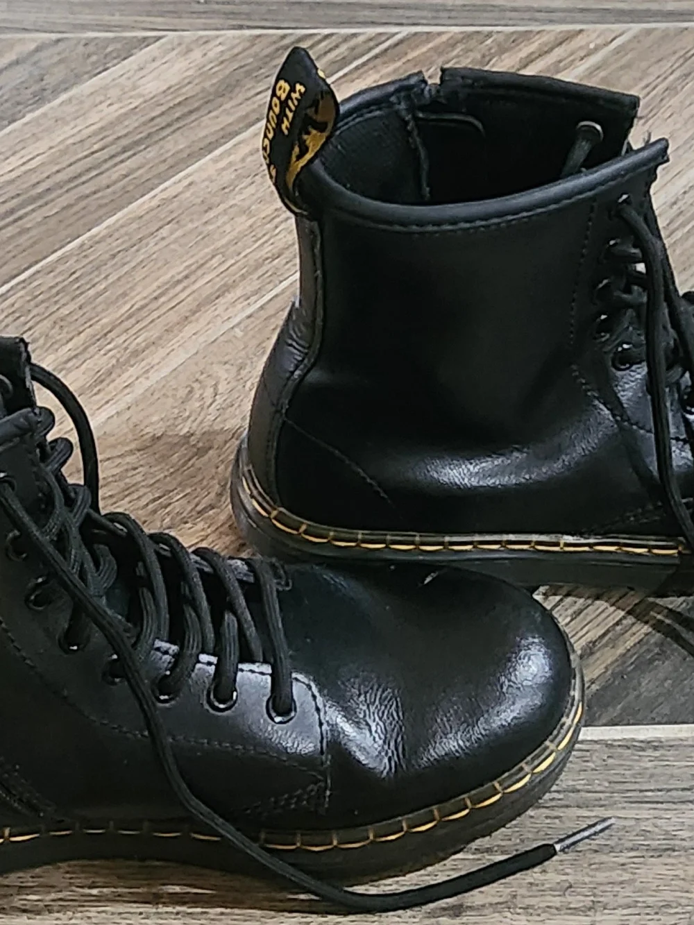 Kids Sz 3 Dr. Martens Black Lace-Up Combat Boots with Yellow Stitching
